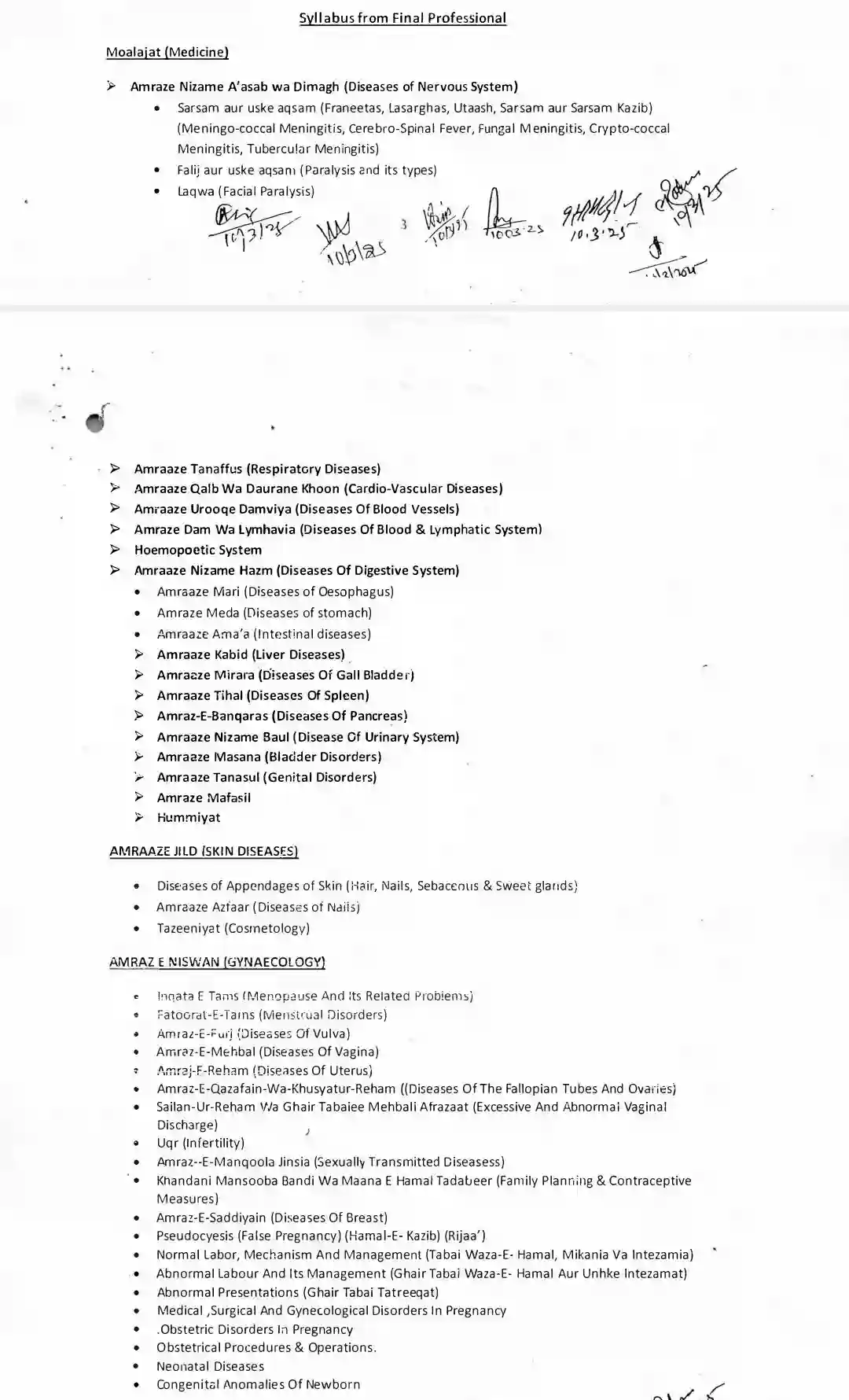 Bihar shs unani final professional syllabus