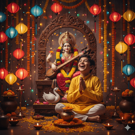 Gemini Happy Saraswati Puja Ai Prompt for boy