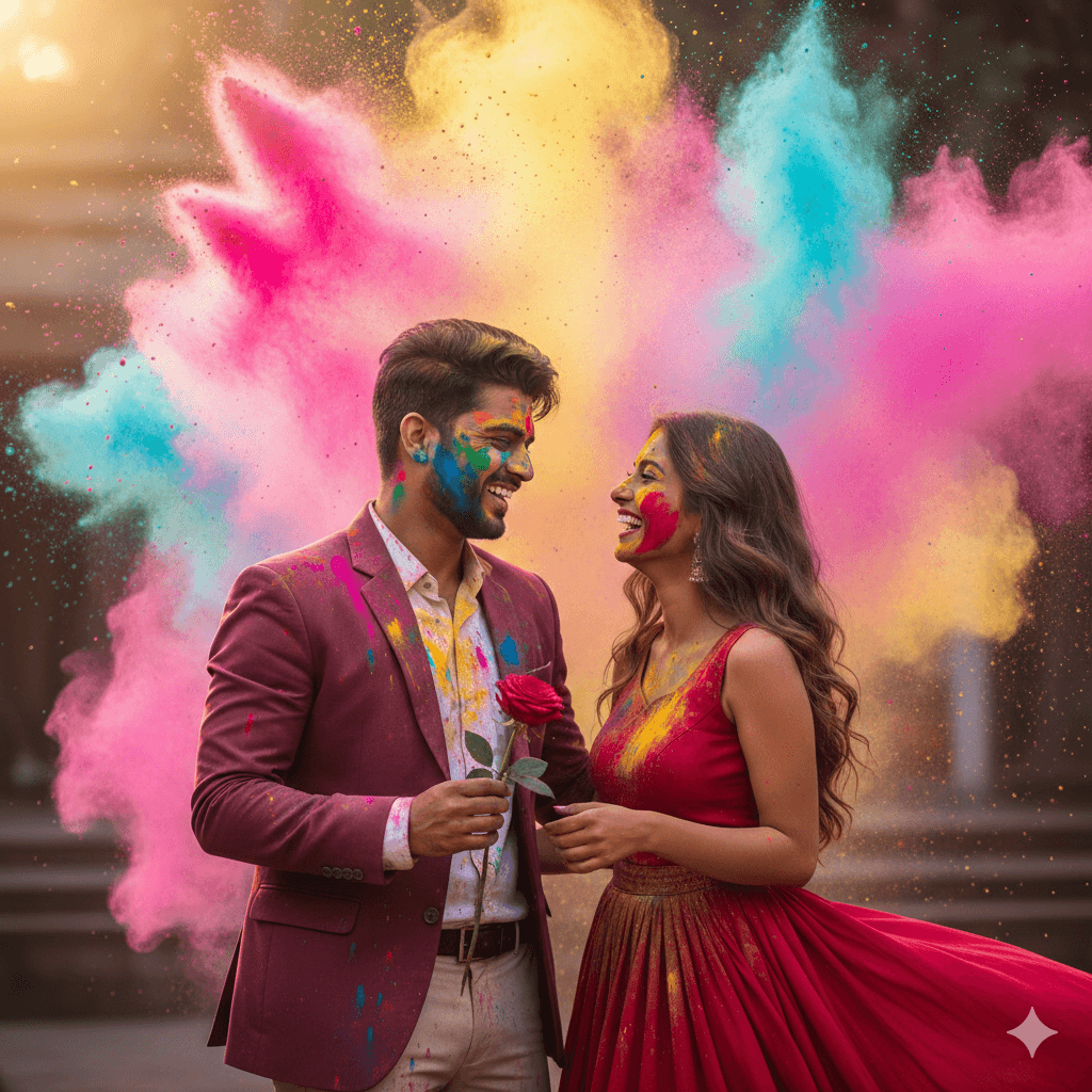 Google Gemini Holi Photo prompt for romantic couple